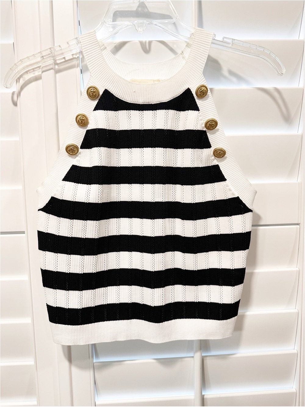 Happily Grey Black White Striped Sweater Tank Gold Anchor Buttons L Nautical